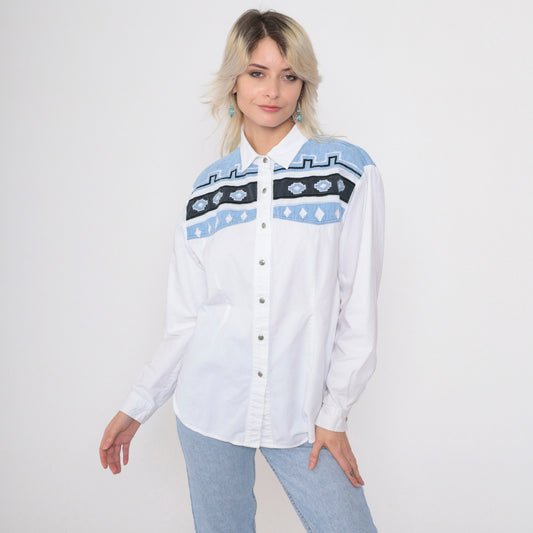 90s Adobe Rose Southwestern Embroidered Button Up Blouse White Cotton Large L