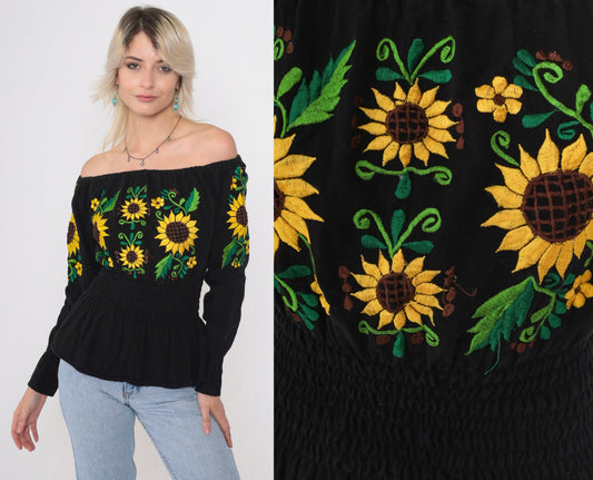 90s Mexican Embroidered Blouse Black Off-Shoulder Sunflower Smocked Small