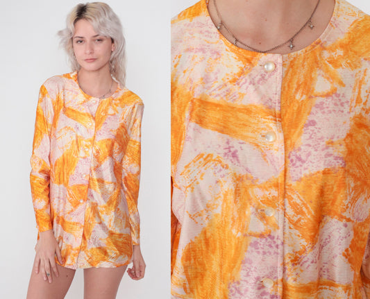 70s Abstract Brushstroke Print Blouse Long Sleeve Button Up Orange Purple Medium