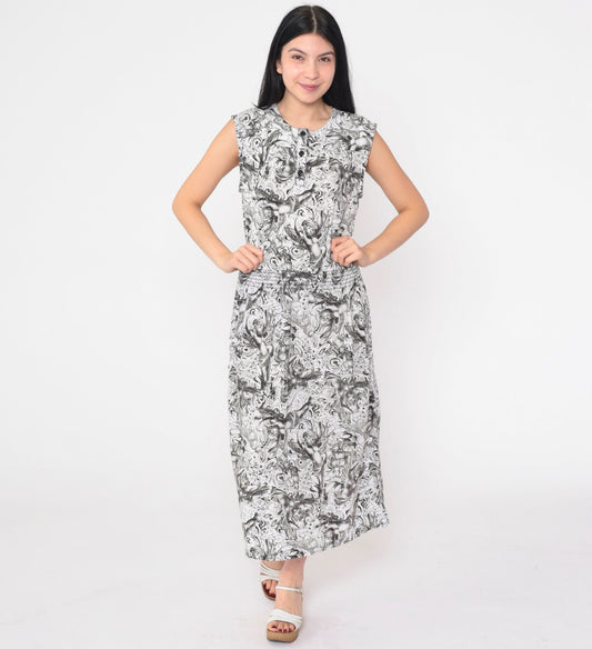 90s Black and White Cherub Print Midi Dress Sleeveless Button Front Small S
