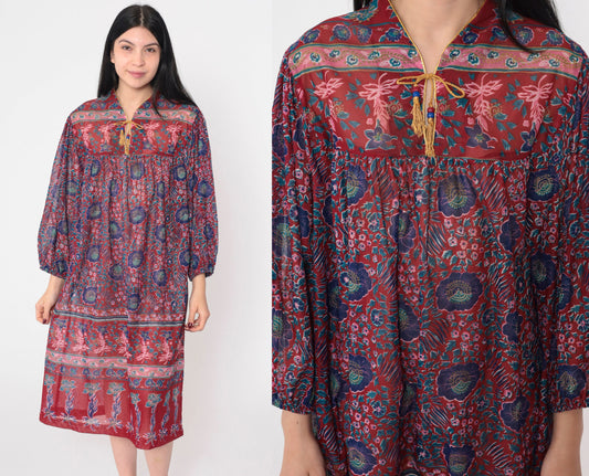 70s Tabby California Midi Dress Indian Floral Print Long Sleeve Red Blue XL