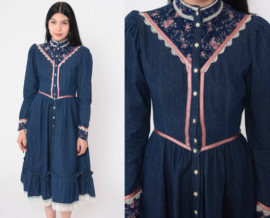 70s Gunne Sax Prairie Dress Blue Denim Calico Floral Puff Sleeve Midi XXS