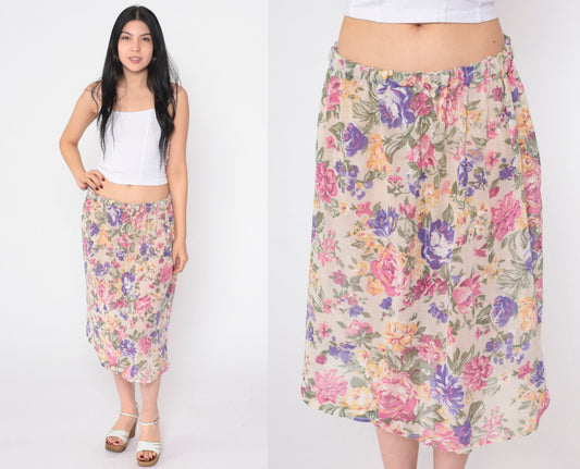80s Floral Midi Skirt Elastic Waist Rose Print Pink Purple Tan Medium Large