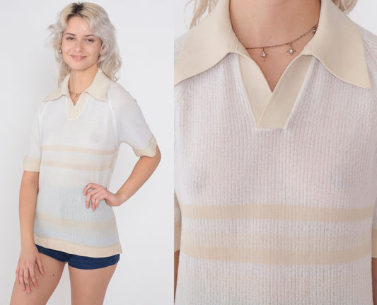 70s White Ribbed Knit Polo Shirt Tan Striped Johnny Collar Raglan Small