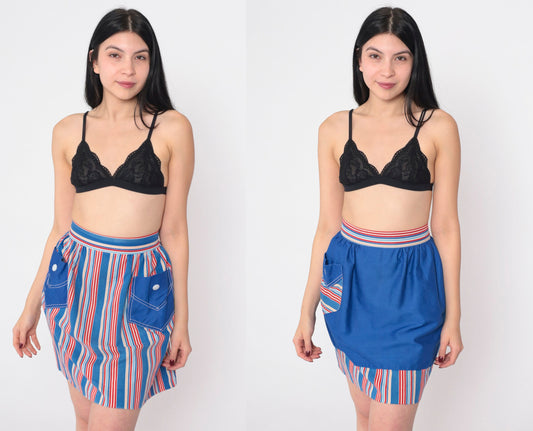 60s Reversible Half Apron Mini Striped Red White Blue Open Back Extra Small