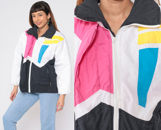 80s Geometric Colour Block Puffer Ski Jacket Black White Blue Pink Yellow Medium