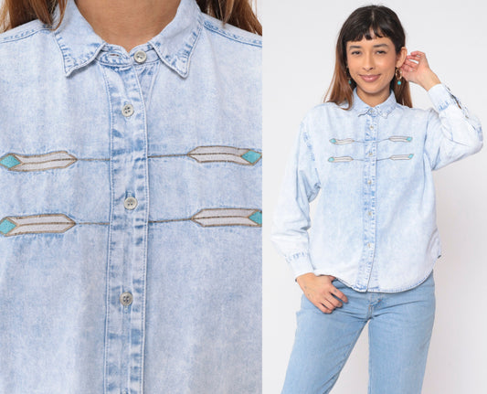 90s Jordache Denim Shirt Light Blue Embroidered Feather Southwestern Button Up Medium