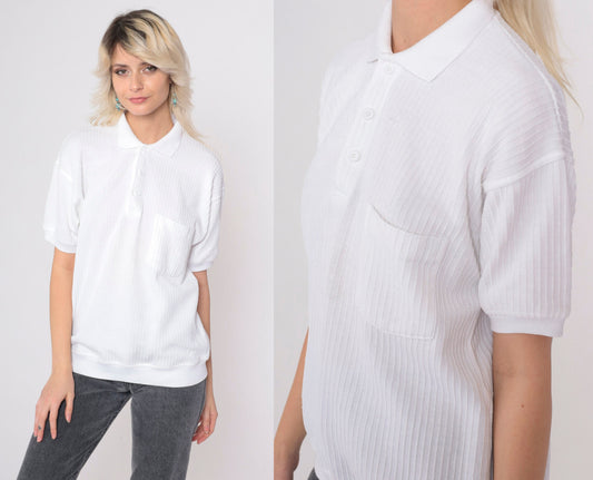 80s White Ribbed Polo Shirt Button Up Chest Pocket Collared Medium