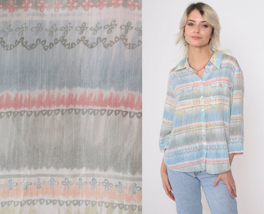 90s Alfred Dunner Striped Button-Up Blouse Muted Pastel 3/4 Sleeve Petite Large