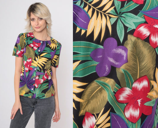 90s Tropical Floral Button-Up Blouse Black Botanical Print Short Sleeve Small