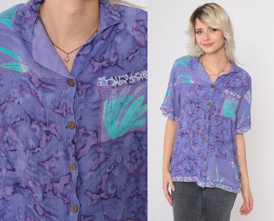 90s Tie Dye Button Up Shirt Purple Abstract Floral Rayon Medium
