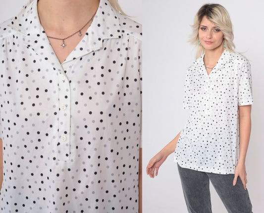 70s Polka Dot Button-Up Blouse White Black Grey Short Sleeve Medium