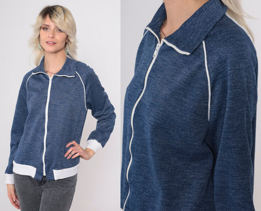 80s Heather Blue Track Jacket Zip Up Raglan Sleeve Medium