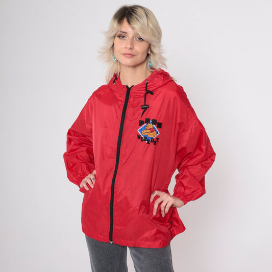 90s Winnie The Pooh Red Windbreaker Jacket Hooded Disney Medium