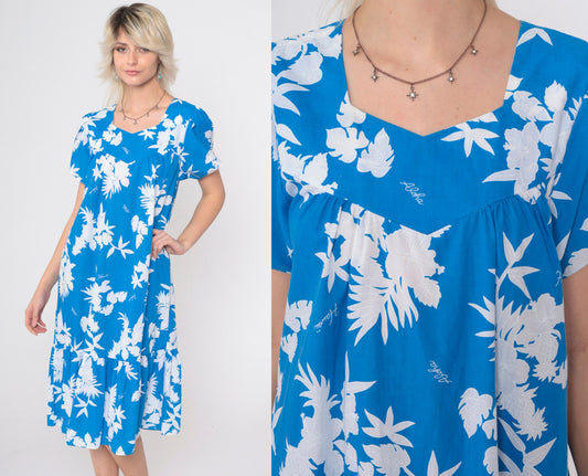 80s Hawaiian Floral Mini Dress Blue Puff Sleeve Tent Cut Small