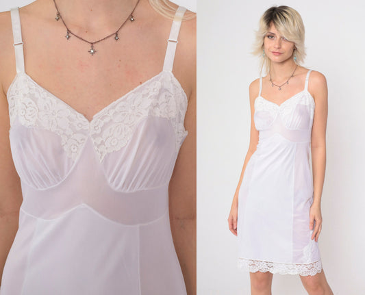 70s Nancy King Lingerie White Nylon Slip Dress Lace Trim Empire Waist Small