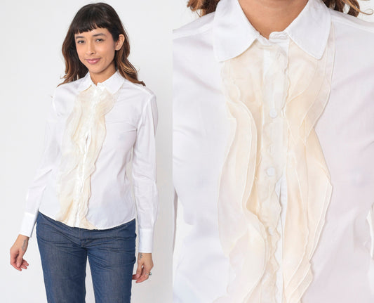 80s Valentino White Ruffled Tuxedo Blouse Long Sleeve Button Up Extra Small