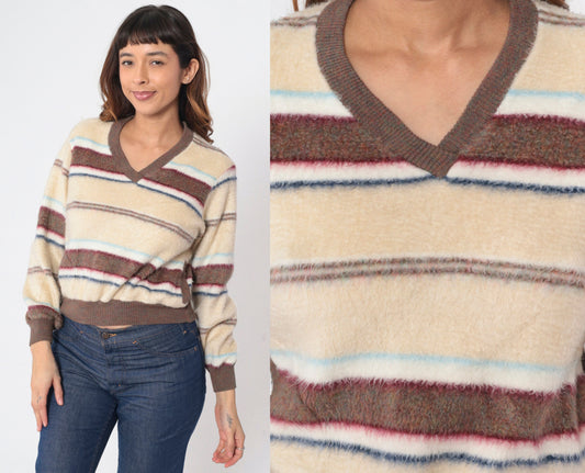 70s Striped Fleece V-Neck Sweatshirt Brown Cream Red Blue Large L