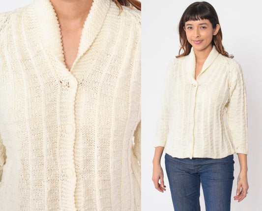 70s Cream Cardigan Shawl Collar Button-Up Knit Sweater Raglan Small S