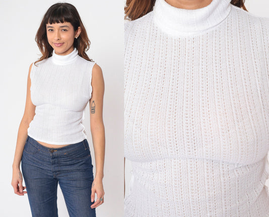 70s White Mock Neck Crop Tank Top Pointelle Cutout Sleeveless Small