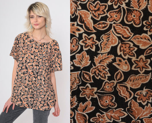 90s Black Orange Floral Henley Shirt Short Sleeve Button Up Large