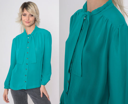 80s Teal Chiffon Blouse Puff Sleeve Ascot Bow Button-Up Large