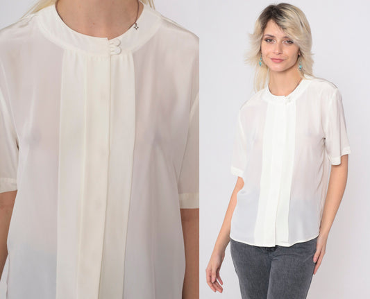 90s Off-White Pleated Button-Up Blouse Short Sleeve Secretary Top Petite 8P