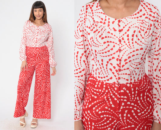 70s Toni Todd Jumpsuit Red White Geometric Wide Leg Button Up Small Medium