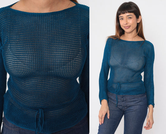 70s Missoni Sheer Mesh Knit Sweater Blue Boatneck Drawstring Waist Extra Small