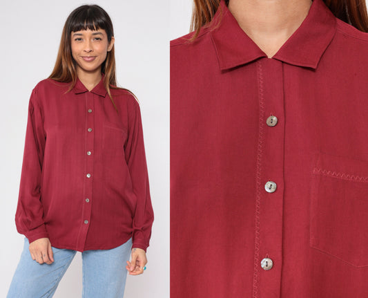 00s Tommy Bahama Maroon Silk Button-Up Blouse Long Sleeve Small S