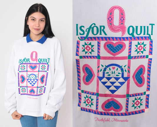 90s Q is for Quilt Northfield Minnesota Raglan Sweatshirt White Collared Extra Large XL