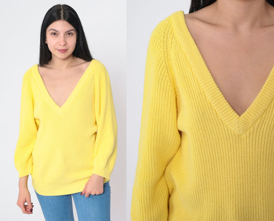 80s Yellow Cotton V-Neck Pullover Sweater Small S