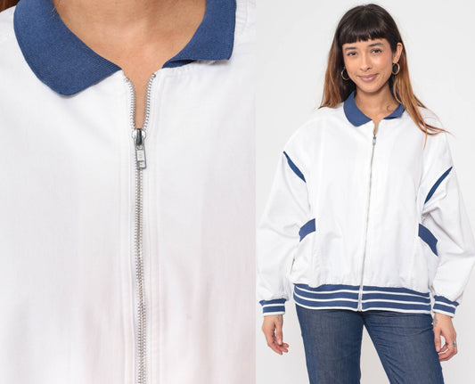 80s White Windbreaker Jacket Dark Blue Stripes Full Zip Track Jacket Extra Large XL