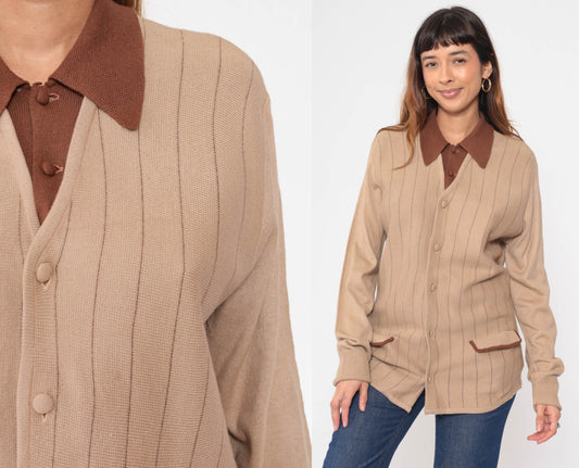 70s Berchielli Striped Cardigan Tan Brown Collared Button-Up Knit Medium
