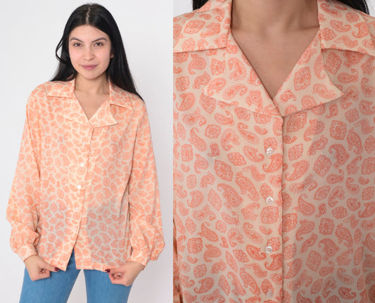 70s Paisley Button-Up Blouse Long Sleeve Notched Collar Disco Print Large L