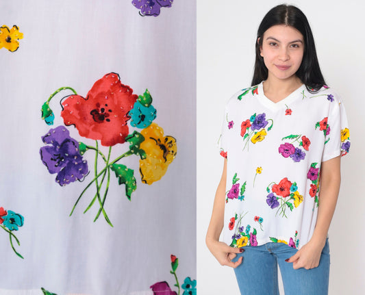 90s Carole Little Floral Beaded V-Neck T-Shirt White Graphic Tee Small S