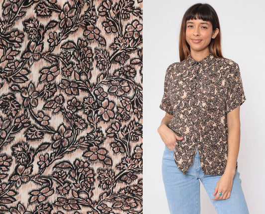 90s Floral Blouse Brown Tan Flower Print Rayon Button Up Short Sleeve Medium