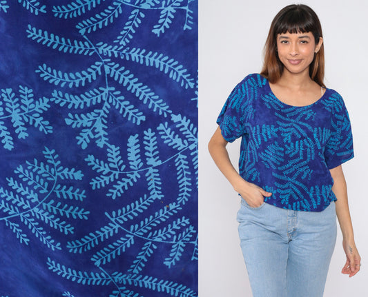 90s Global Village Tropical Leaf Scoop Neck Blouse Blue Short Sleeve Small