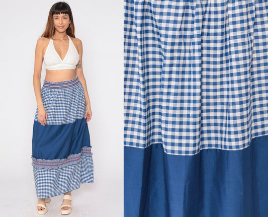 80s Blue Gingham Maxi Skirt High Waist Smocked Ruffled Patchwork Medium Large
