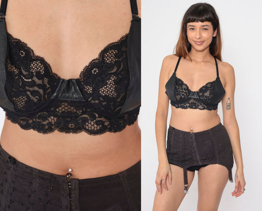 90s Black Leather Underwire Bra Scalloped Lace Sheer 36D