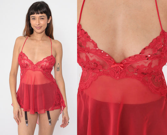 90s Red Lace Sequin Cami Chiffon Open Back Camisole Medium Large