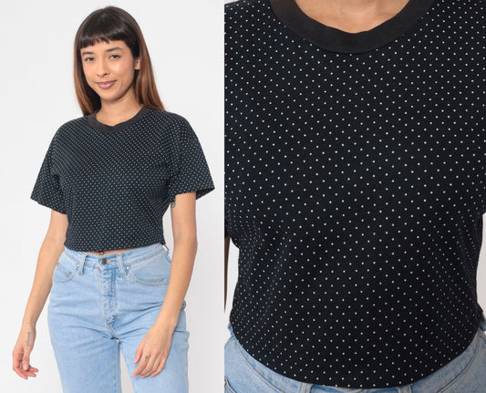 90s Black Polka Dot Crop Top White Print Short Sleeve Baby Tee Large L