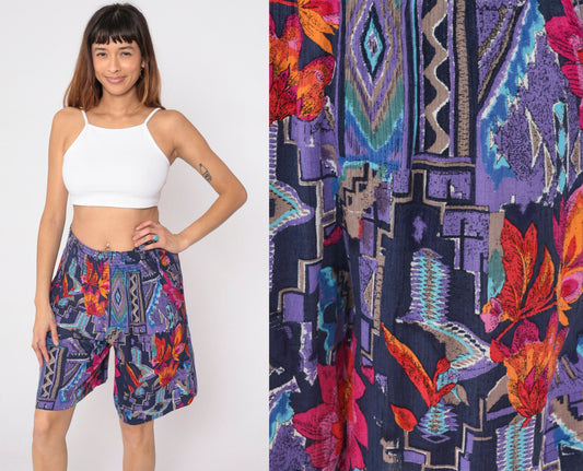 90s Carole Little Abstract Floral Wide Leg Shorts Purple Geometric Print Small