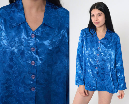 90s Blue Satin Floral Embossed Button-Up Blouse Princess Seam Long Sleeve Large L