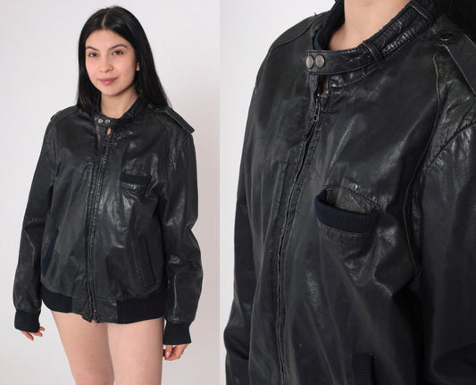 80s Cooper Black Leather Bomber Jacket Knit Cuffs Men's Large 42