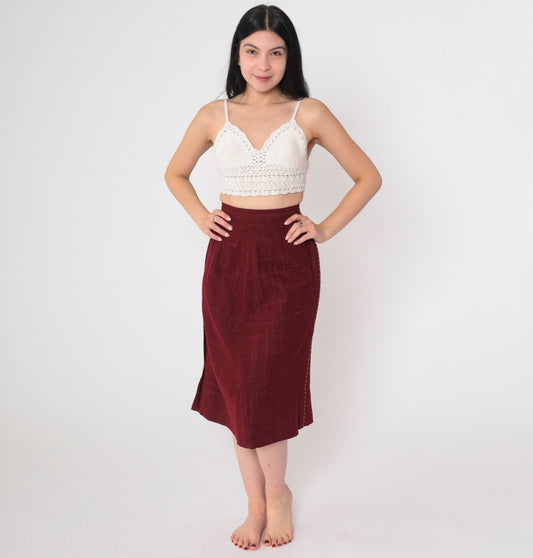 80s Dark Rust Red Midi Skirt High Waist Checkered Topstitch XXS