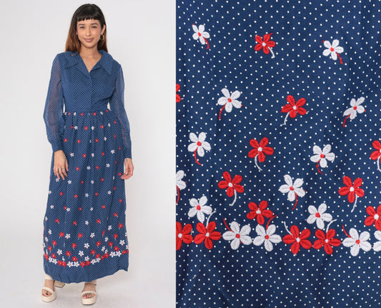 70s Blue Polka Dot Maxi Dress Floral Embroidered High Waist Sheer Sleeve Small