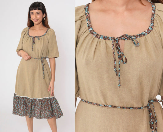 70s Floral Peasant Dress Olive Brown Midi Keyhole Bow Tie Waist Medium