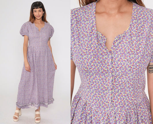 70s Purple Calico Floral Maxi Dress Puff Sleeve Low Waist Medium