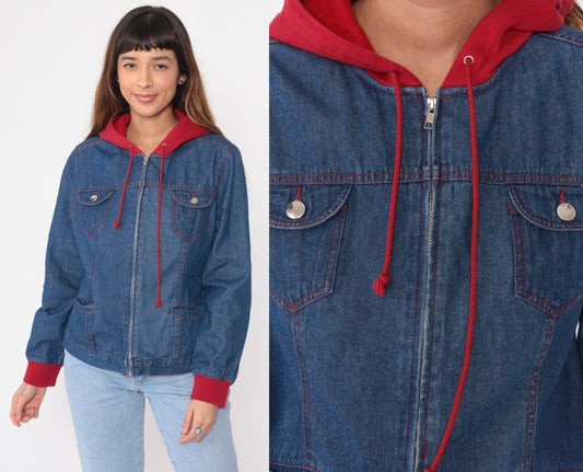 90s Forenza Hooded Denim Jacket Blue Red Sweatshirt Hood Zip Medium